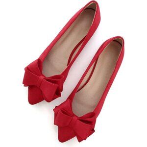 Women's Christmas Red Bowknot Ballet Flats Pointy Toe Casual Flat Shoes Suede